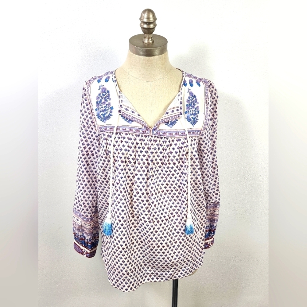 J.Crew Blue White Block Print Tassel Tie Neck Tunic Blouse Size 2